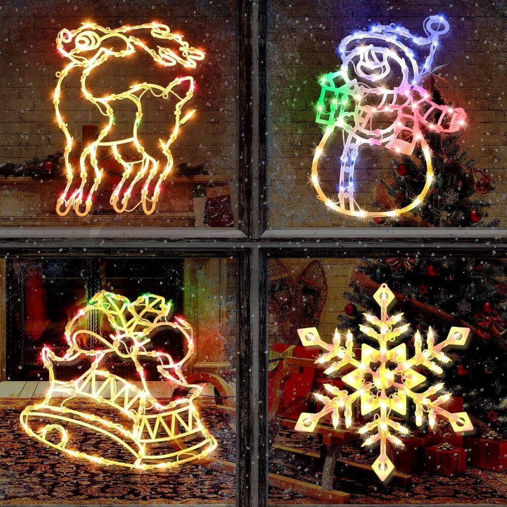 Christmas Window Silhouette Lights Decorations, Pack of 4 Sign Lighted Snowflake